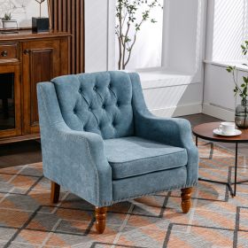 Blue Accent Chair, Living Room Chair, Footrest Chair Set with Vintage Brass Studs, Button Tufted Upholstered Armchair for Living Room